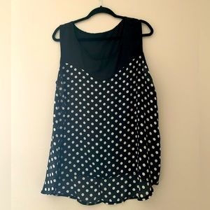 B&W polka dot tank, sheer hi low blouse